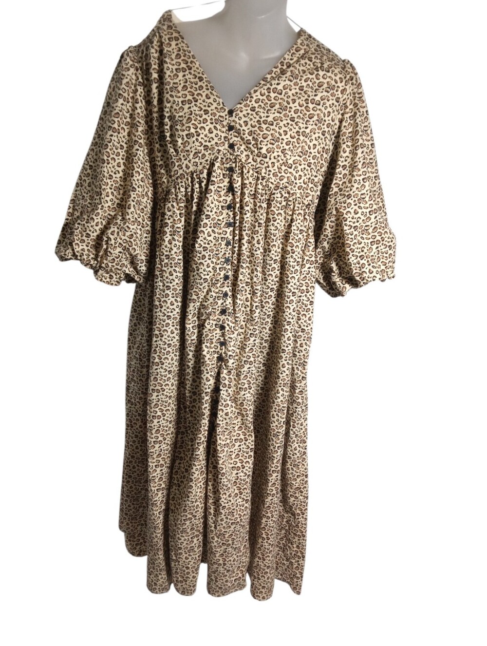 In Loom Animal Print Puff Sleeve Cottagecore Button Front Midi Dress Large